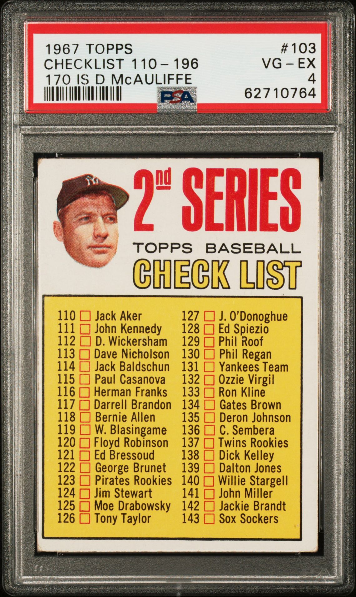 1967 Topps TOPPS 170 IS D MCAULIFFE #103 Checklist 110-196 front