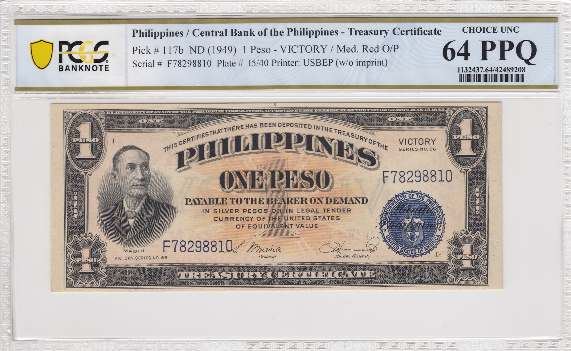 Pick # 117b ND (1949) 1 Peso Treasury Certificate Central Bank of the ...