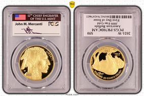 2021-W $50 American Buffalo .9999 Fine Gold First Day of Issue Mercanti Flag PR70DCAM