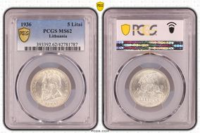 1936 5 Litai Jonas Basanavičius ↑↑ KM-82  Ag MS62