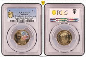 2021 $1 G- Great Barrier Reef Colorized Great Aussie Coin Hunt MS67