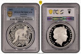 2001 $1 Kangaroo Ag-Aboriginal Design PR70DCAM