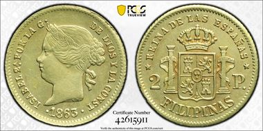 1863/0 2 Peso KM-143 Au AU58