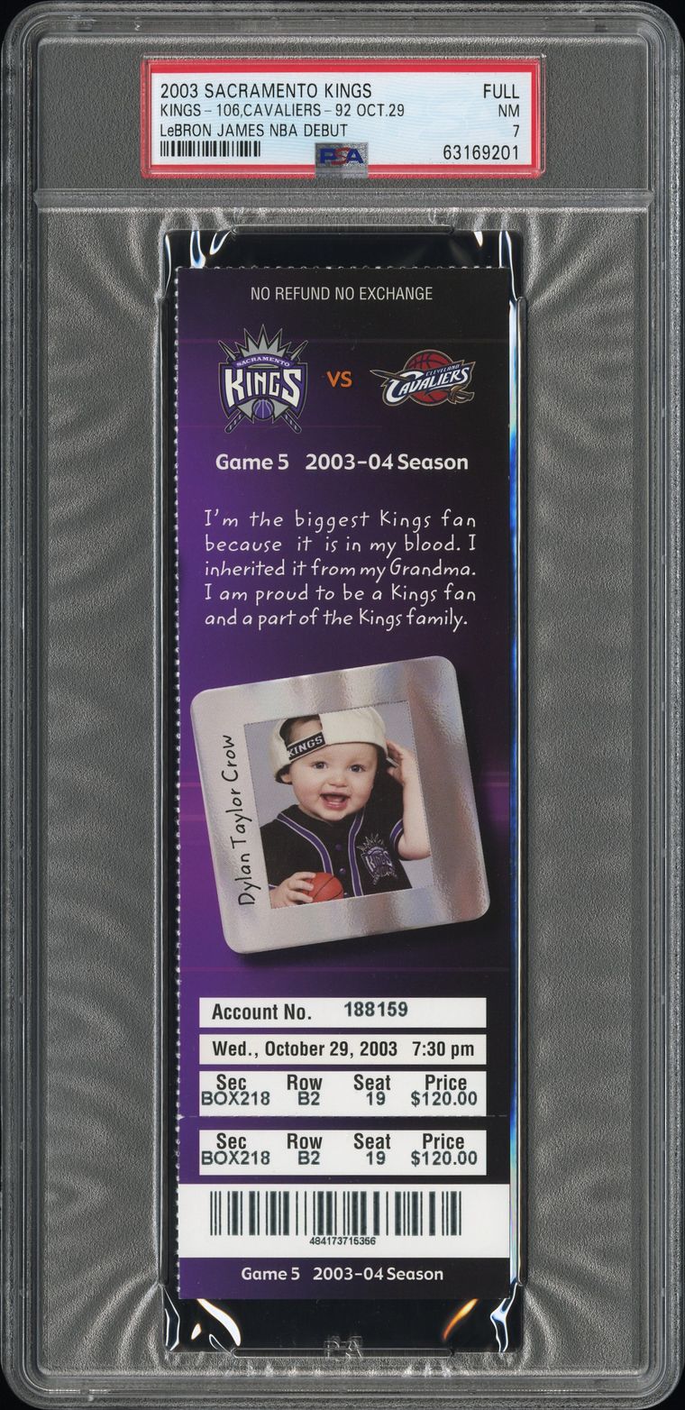 Full ticket from LeBron James's NBA debut on 29 October 2003, graded PSA NM 7