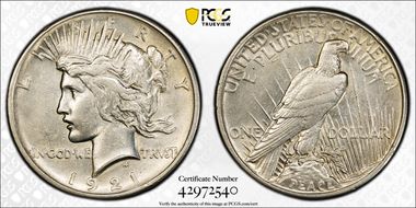 1921 $1 High Relief, Peace AU50