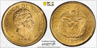 1928 5 Peso Restrepo-455.7 Medellin MS66