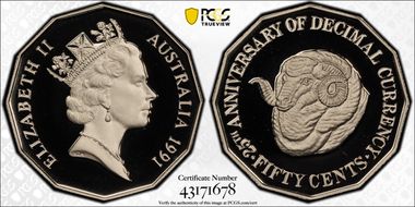 1991 50C Decimal Currency CuNi PR70DCAM