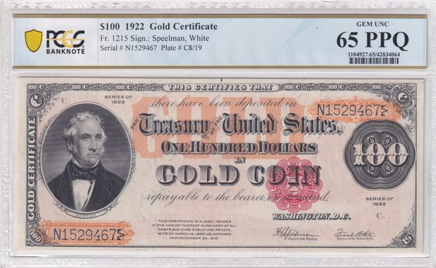 Fr. 1215 1922 $100 Gold Certificate - PCGS NoteFacts