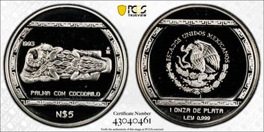 1993-Mo 5 Peso Palma con Cocodrilo  Ag PR69DCAM
