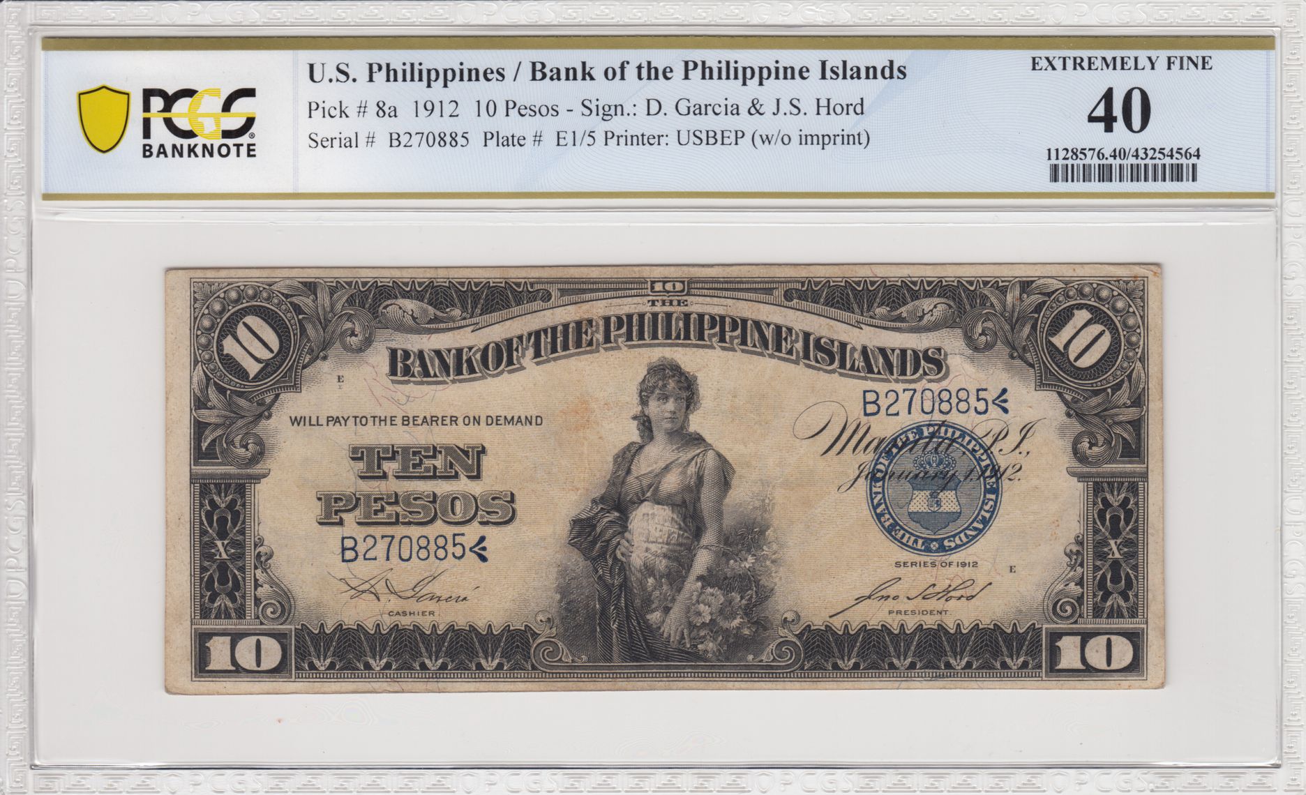 Pick 8a 1912 10 Pesos Bank of the Philippine Islands USBEP (w/o