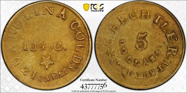 (1837-42) $5 C. Bechtler, 134 Grains, Star AU58