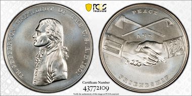 (2019) Medal Thomas Jefferson "1801"  Silver Matte Finish MS70
