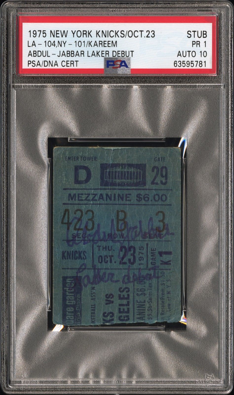 Kareem Abdul-Jabbar Lakers debut ticket stub, PSA PR 1 with a PSA/DNA 10 autograph, the alternative most buyers find first