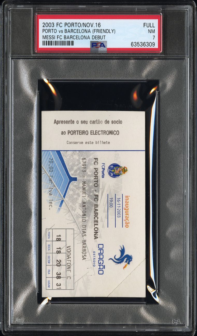 Full ticket from Lionel Messi's FC Barcelona debut in 2003, graded PSA NM 7, showing the printed date and fixture