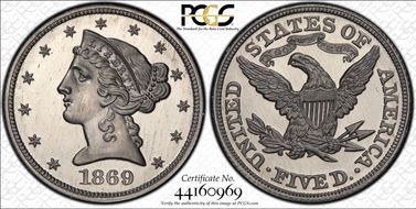 1869 $5 J-776 PR65+ DCAM