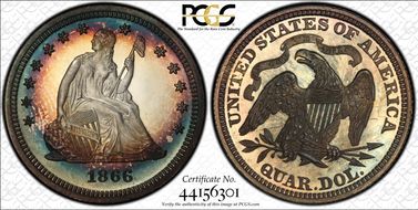 1866 25C Motto PR67+ CAM