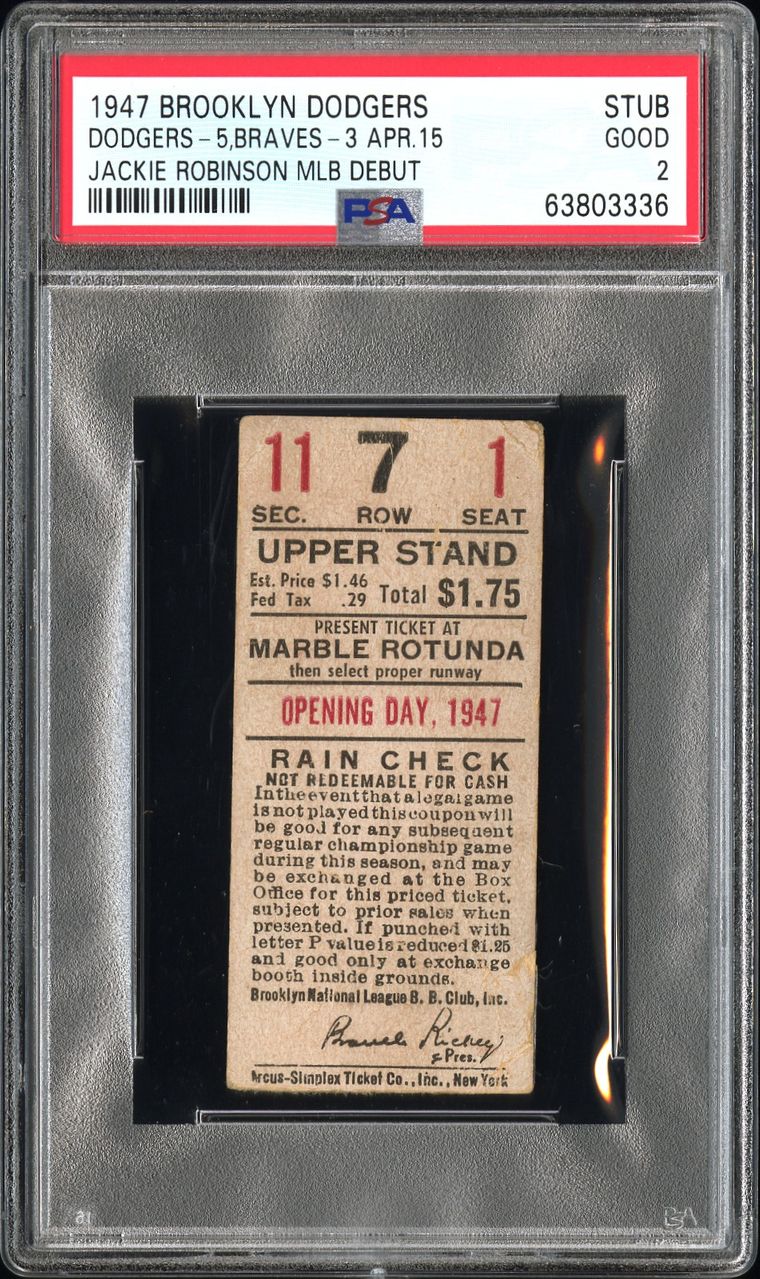 1947 Jackie Robinson MLB debut ticket stub graded PSA 2, the record graded ticket sale at $480,000