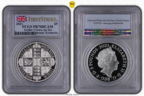 2021 £5 Gothic Crown Quartered Arms The Great Engravers Ag 2oz First Strike PR70DCAM