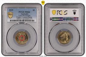 2015 $2 Lest We Forget Colorized Poppy Counterstamp MS66