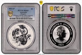 2021-P $1 Dragon Ag Chinese Myths and Legends MS69