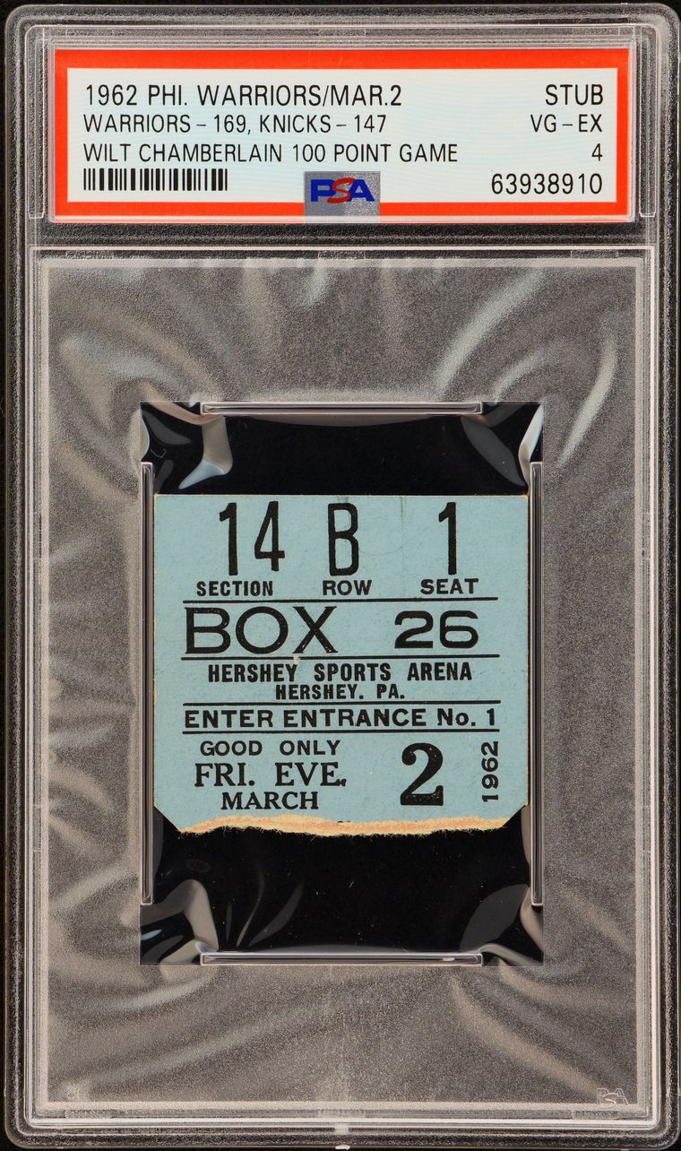Ticket stub from Wilt Chamberlain's 100 point game on 2 March 1962, graded PSA VG-EX 4, sold for $107,828