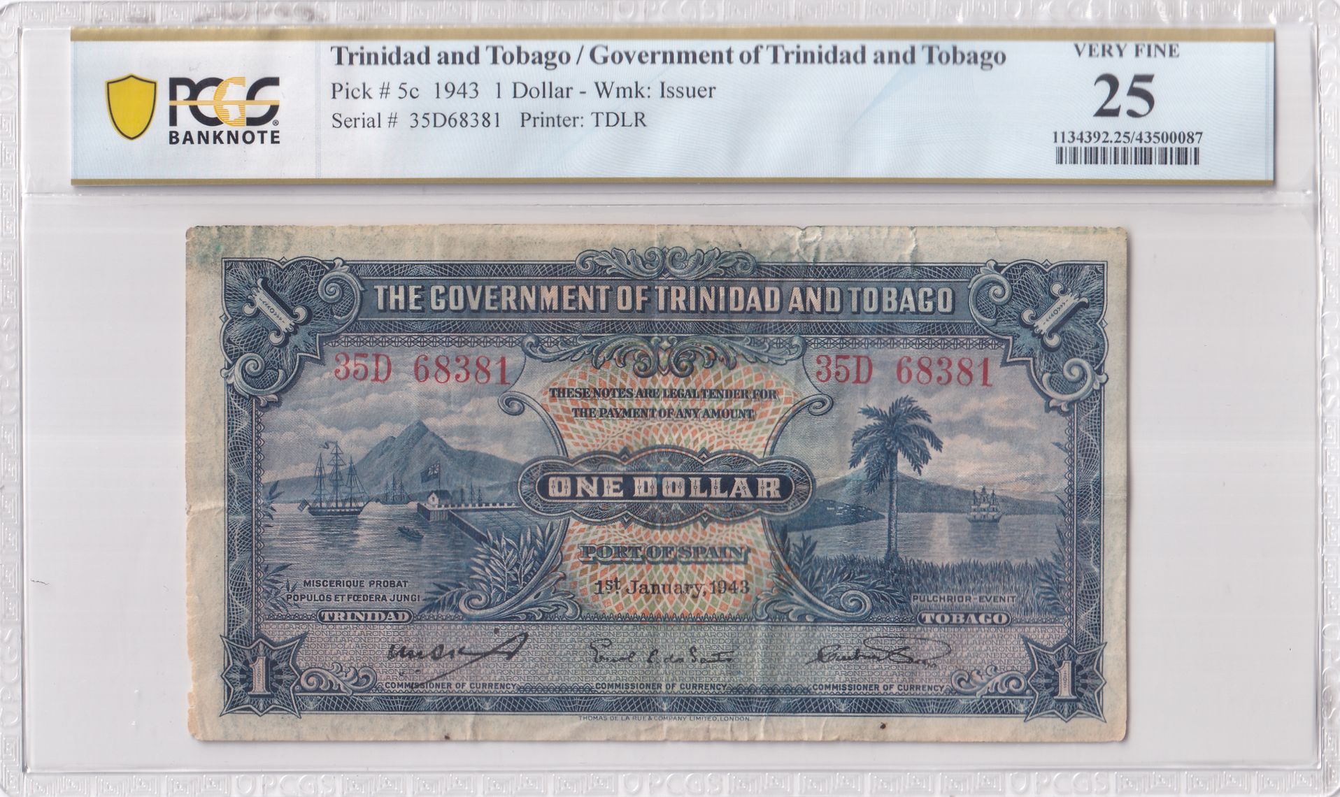 Pick 5c 1943 1 Dollar Government Of Trinidad And Tobago Tdlr Wmk Issuer Pcgs Notefacts 1131