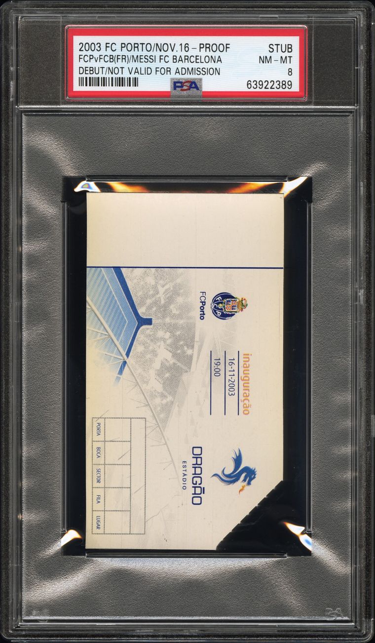 Proof stub from Lionel Messi's FC Barcelona debut on 16 November 2003, graded PSA NM-MT 8