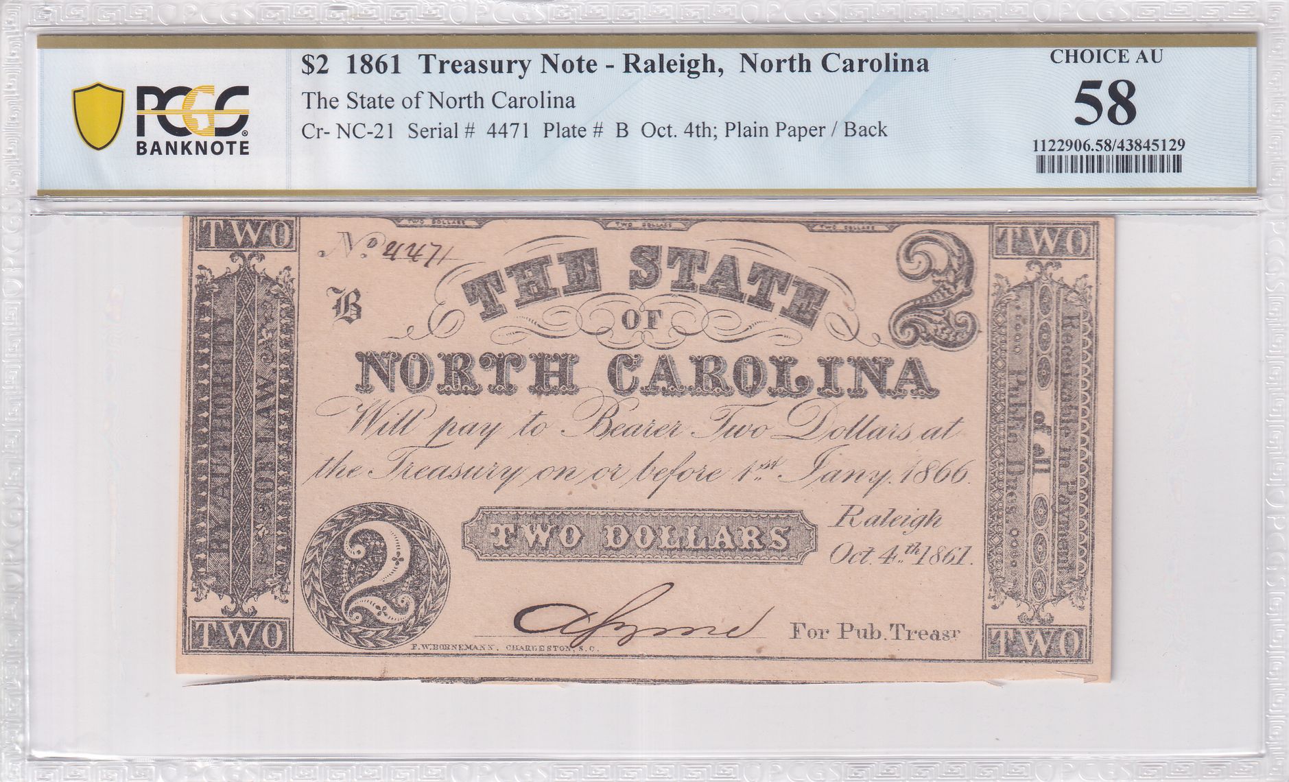 Cr Nc 21 1861 2 The State Of North Carolina Treasury Note Pcgs Notefacts