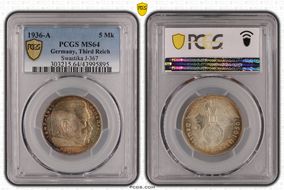 1936-A 5 Mk Swastika J-367 MS64