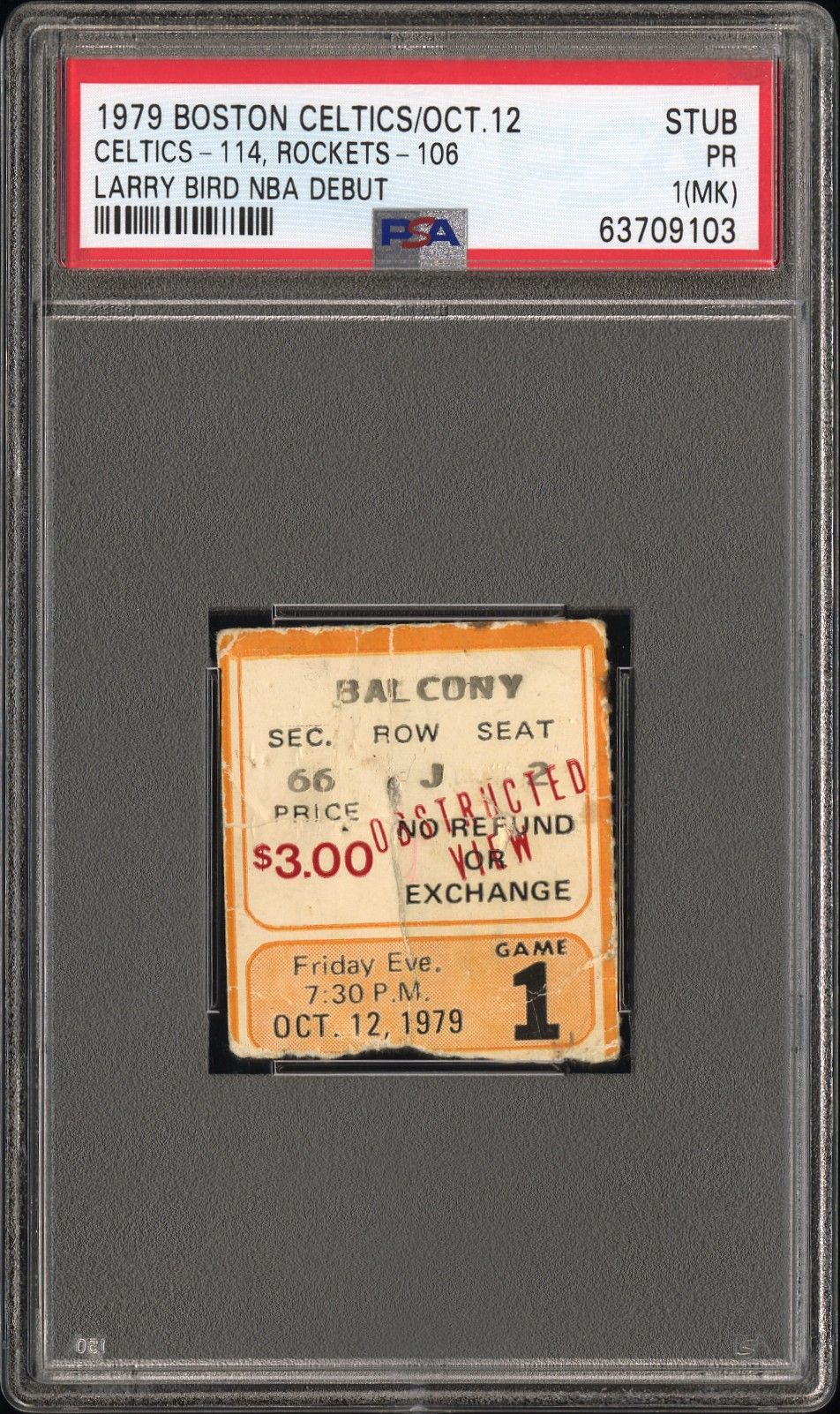 PSA PR 1 Larry Bird NBA debut ticket stub, a $3.00 obstructed view balcony seat at Boston Garden on 12 October 1979