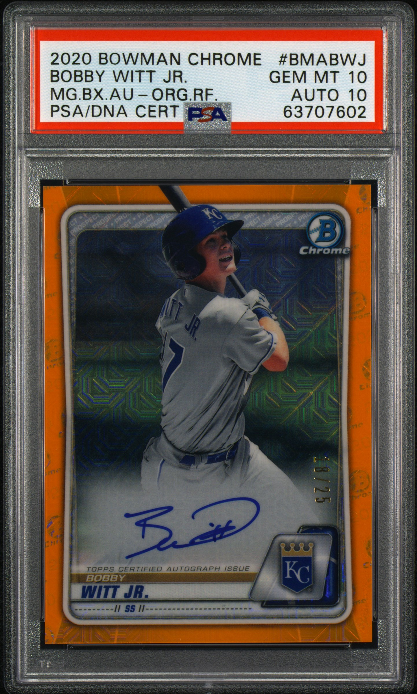 2020 Bowman Chrome Mega Box Autographs Orange Refractor #BMA-BWJ Bobby Witt Jr. Signed Rookie Card (#18/25) – PSA GEM MT 10, PSA/DNA GEM MT 10