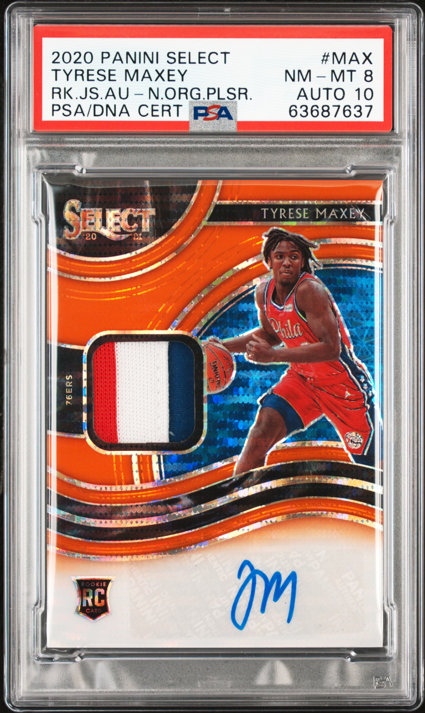 2020 Panini Select Rookie Jersey Autographs Neon Orange Pulsar #MAX Tyrese Maxey Signed (#5/30) PSA 8 10 Psa/Dna