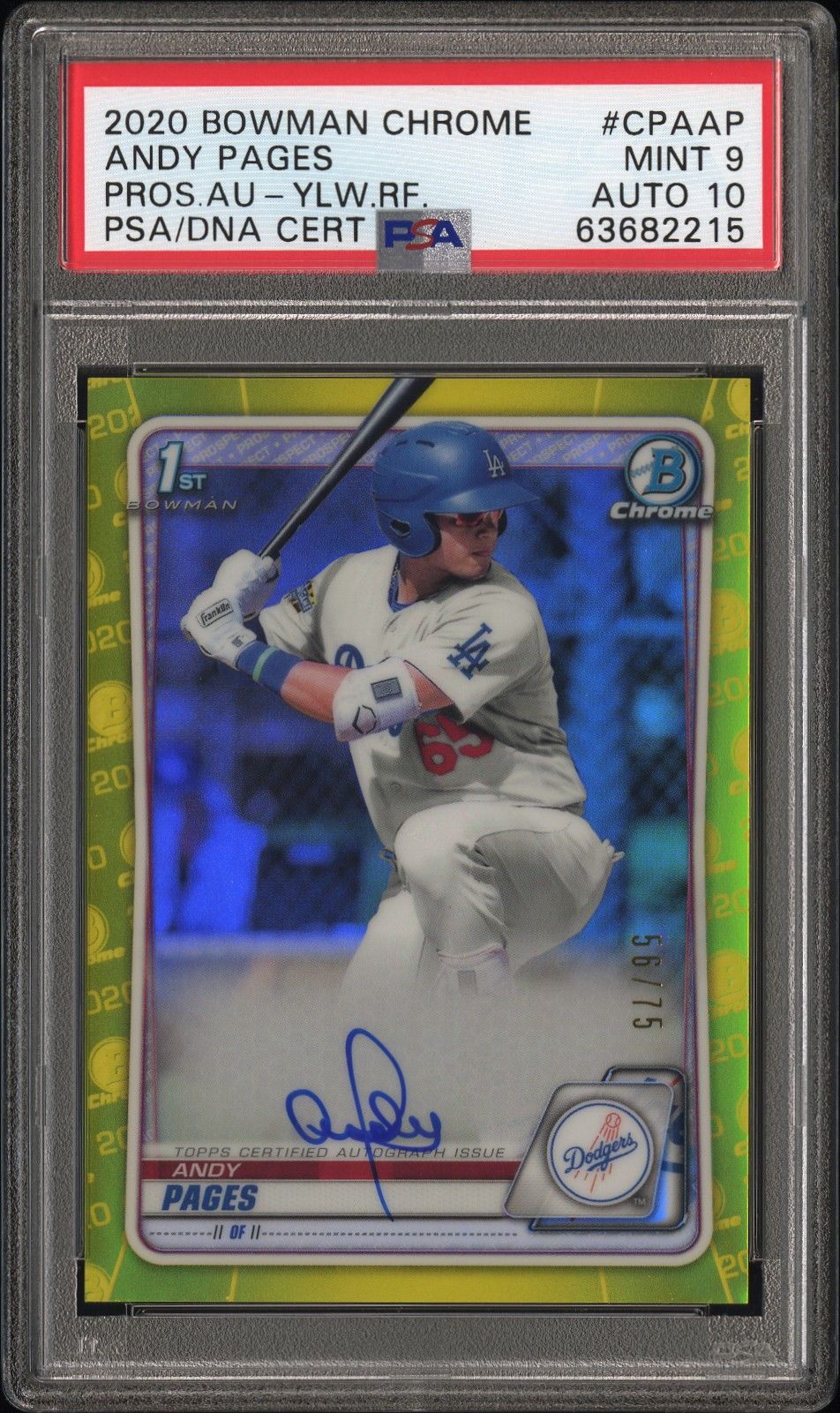 2020 Bowman BOWMAN CHROME PROSPECT AUTOGRAPHS PROS.AU-YLW.RF.CertificationPrimary Signer (1 Signer)ANDY PAGES #CPAAP Andy Pages front