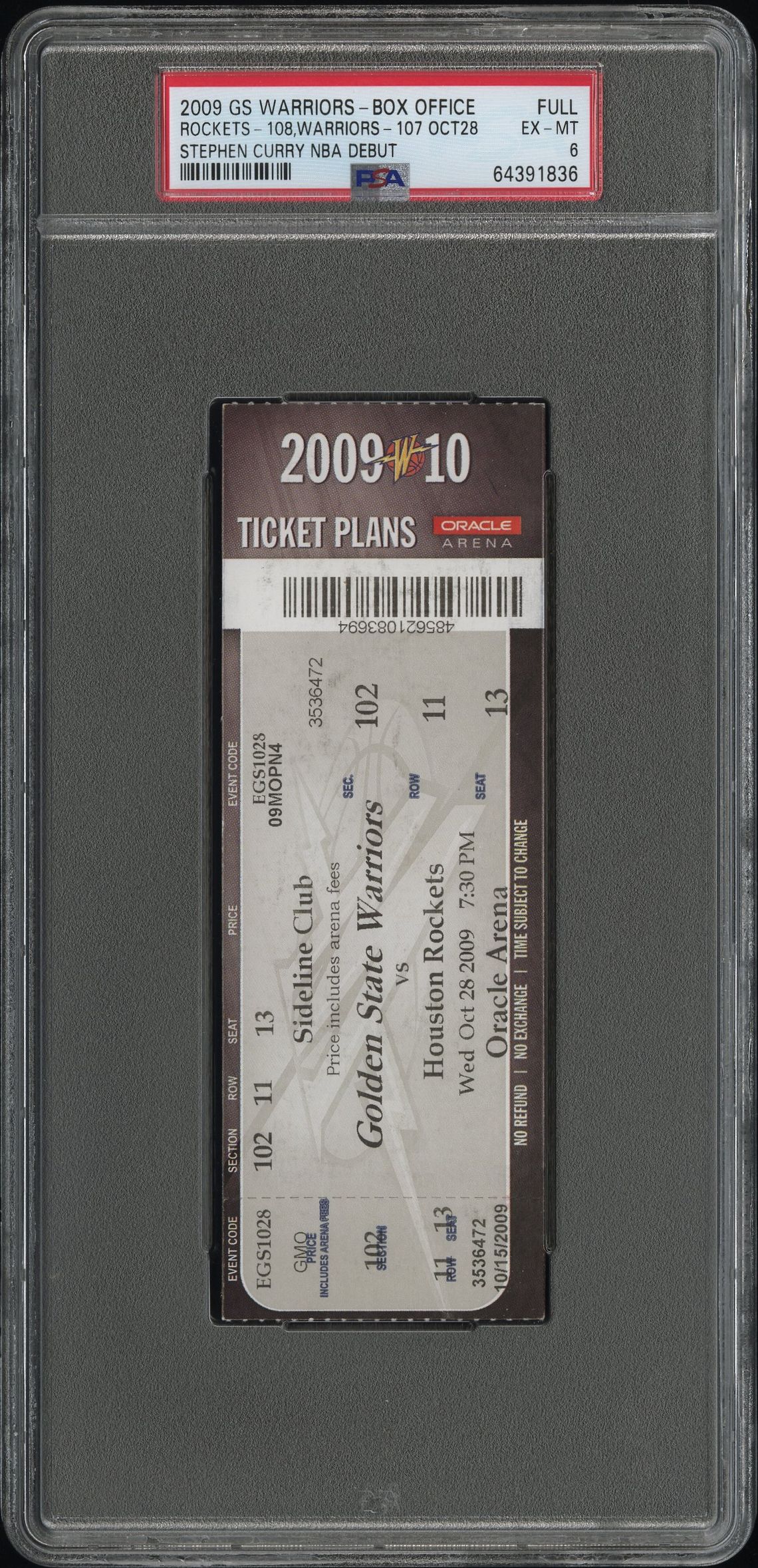 Stephen Curry debut ticket from 28 October 2009, a Golden State Warriors box office full ticket graded PSA EX-MT 6, cert 64391836, the $19,200 record sale