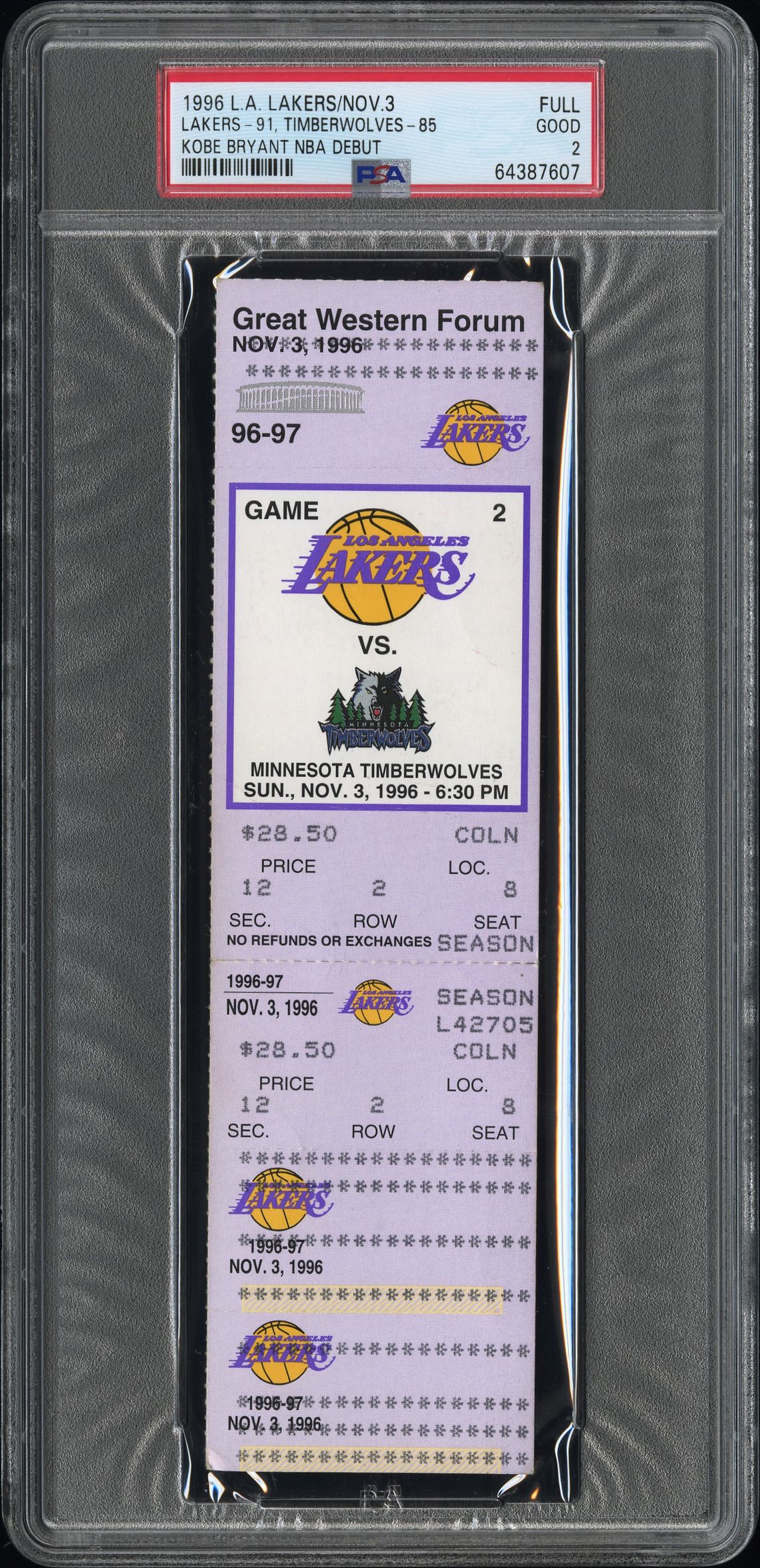 What a Kobe Bryant debut ticket sells for depends on the year, not the grade