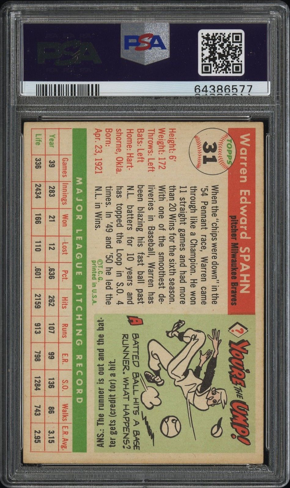 1955 Topps Warren Spahn #31 Ex 5 back