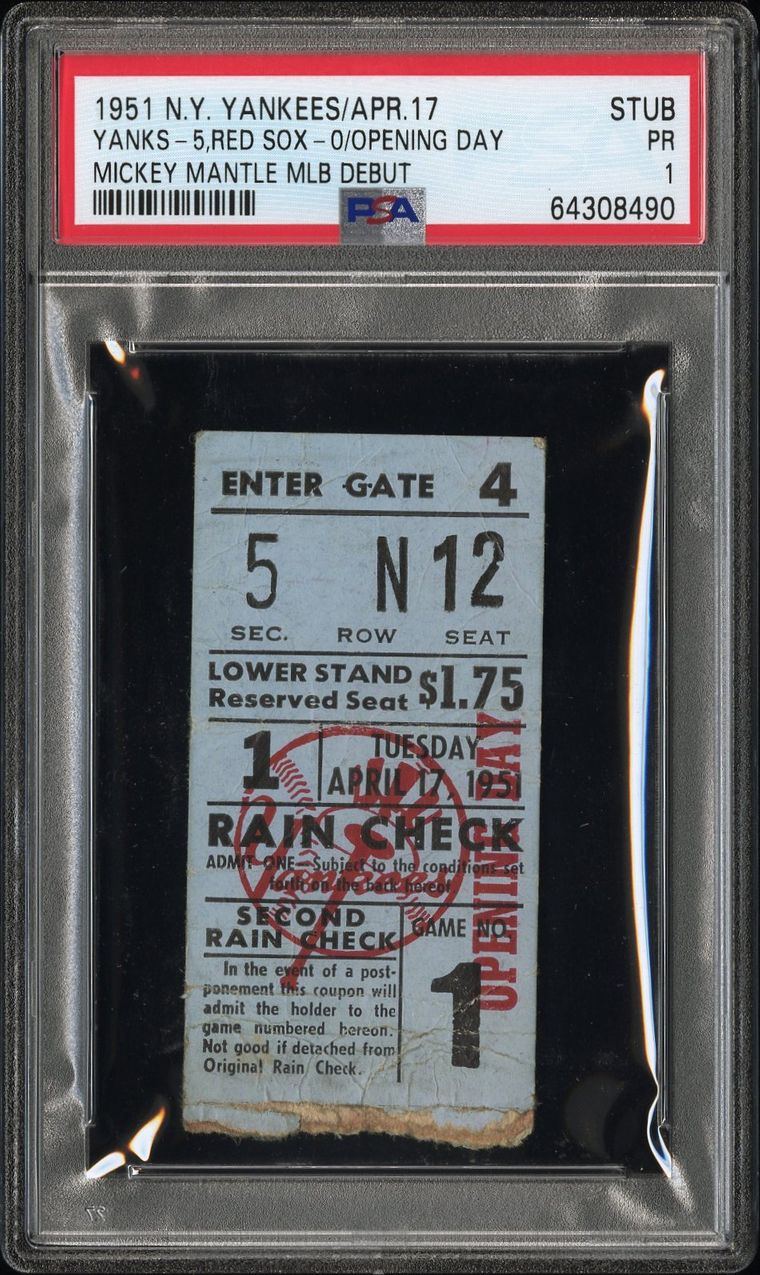 Ticket stub from Mickey Mantle's Major League debut in 1951, graded PSA Poor 1