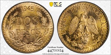 1945-Mo 2 Peso KM-461  Au MS67