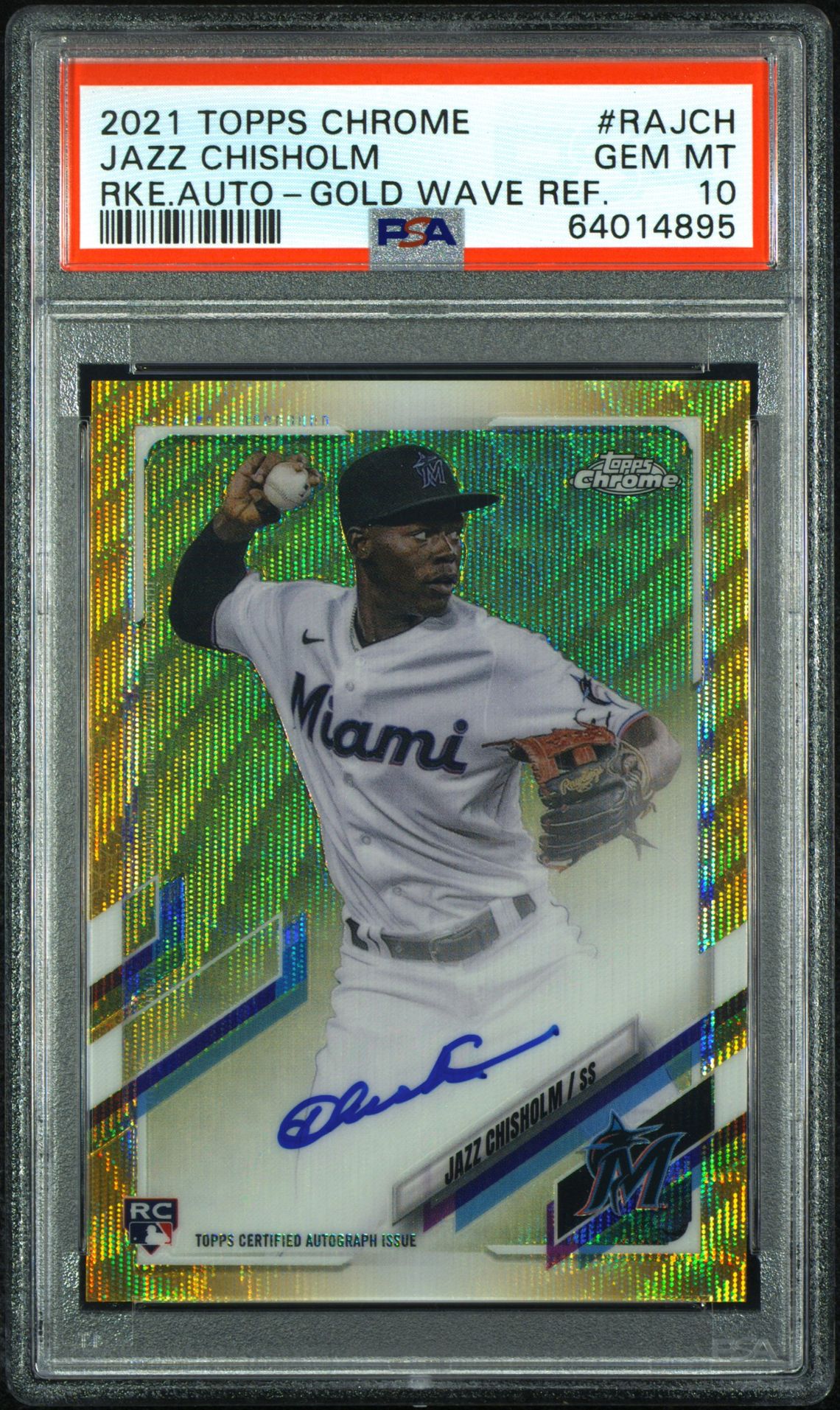2021 Topps Chrome TOPPS CHROME ROOKIE AUTOGRAPHS RKE.AUTO-GOLD WAVE REF. #RAJCH Jazz Chisholm front
