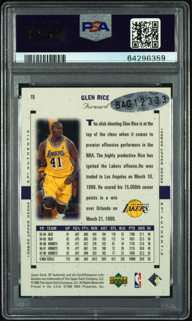 Glen Rice autographed signed jersey NBA Los Angeles Lakers PSA COA