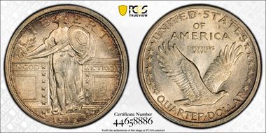 1917-S 25C Type 1 AU58+