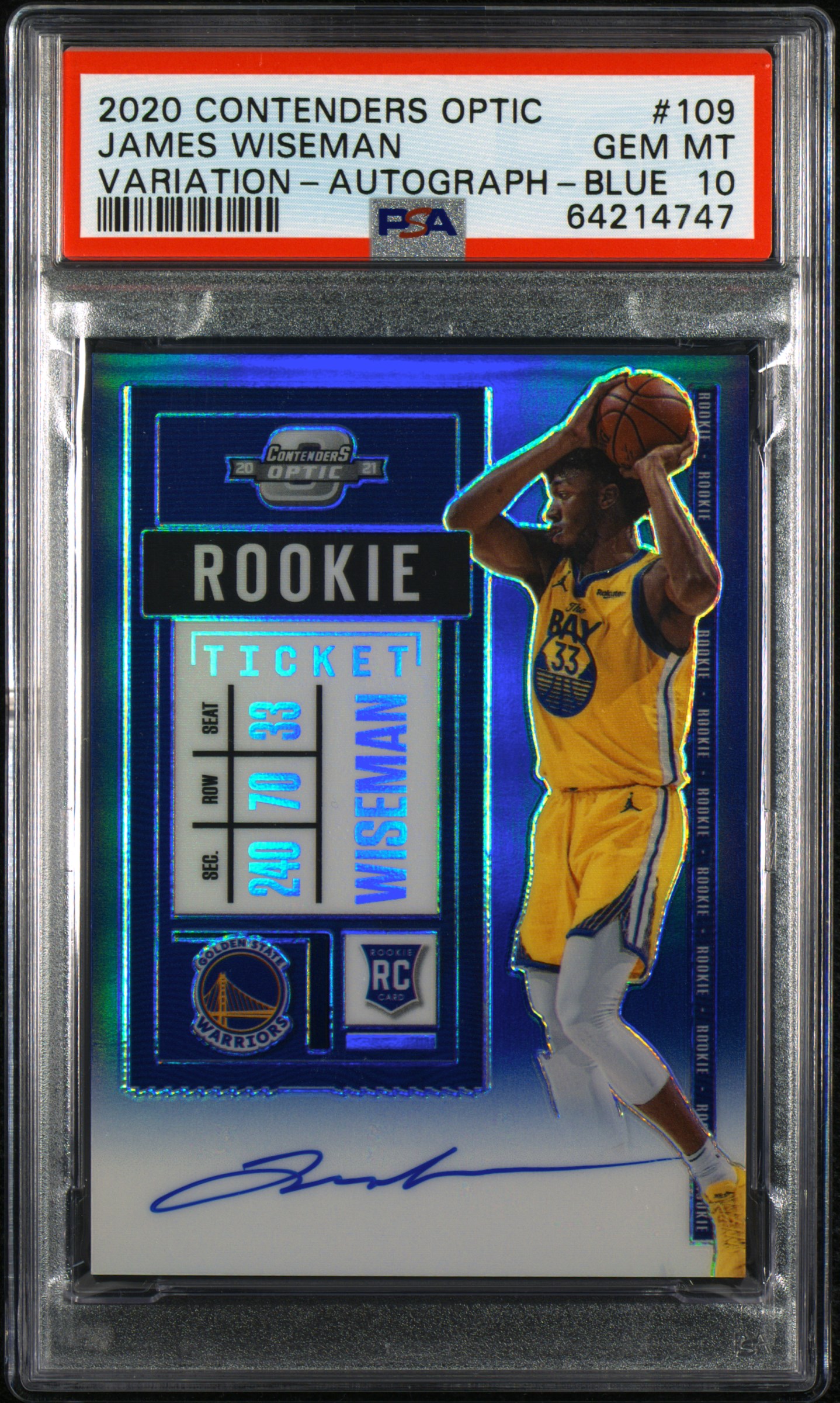 2020-21 Panini Contenders Optic Rookie Ticket Autograph Variation Blue #109 James Wiseman Signed Rookie Card (#42/49) – PSA GEM MT 10