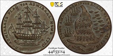 1779 Medal Rhode Island, No Wreath Below Ship MS62