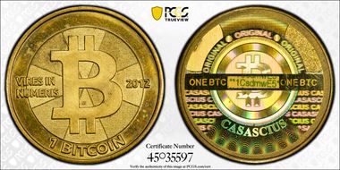 2012 1 BTC Casascius Bitcoin, Brass MS66