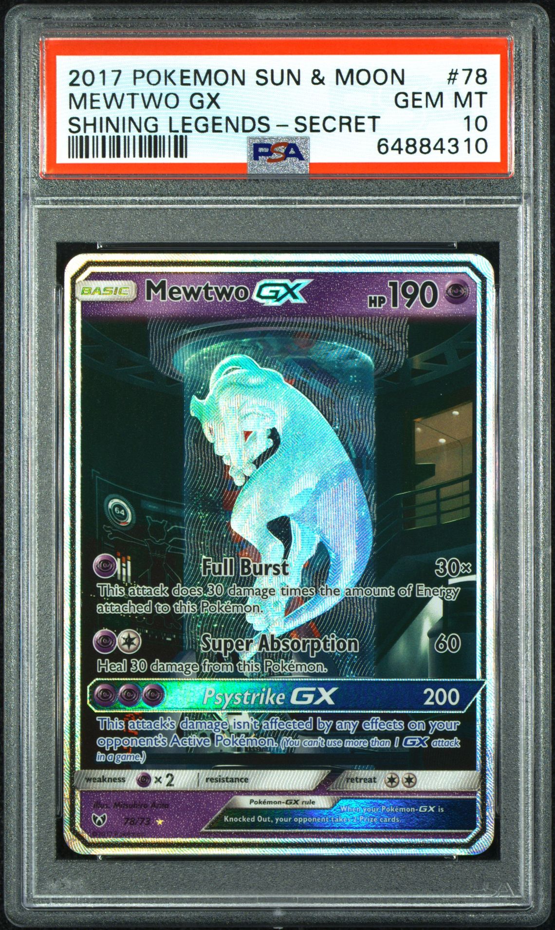 2017 Pokemon POKEMON SUN & MOON SHINING LEGENDS SECRET #78 Mewtwo Gx front
