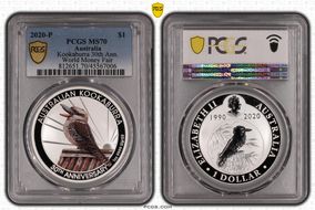 2020-P $1 Kookaburra Ag 30th Anniv. World Money Fair Colorized MS70