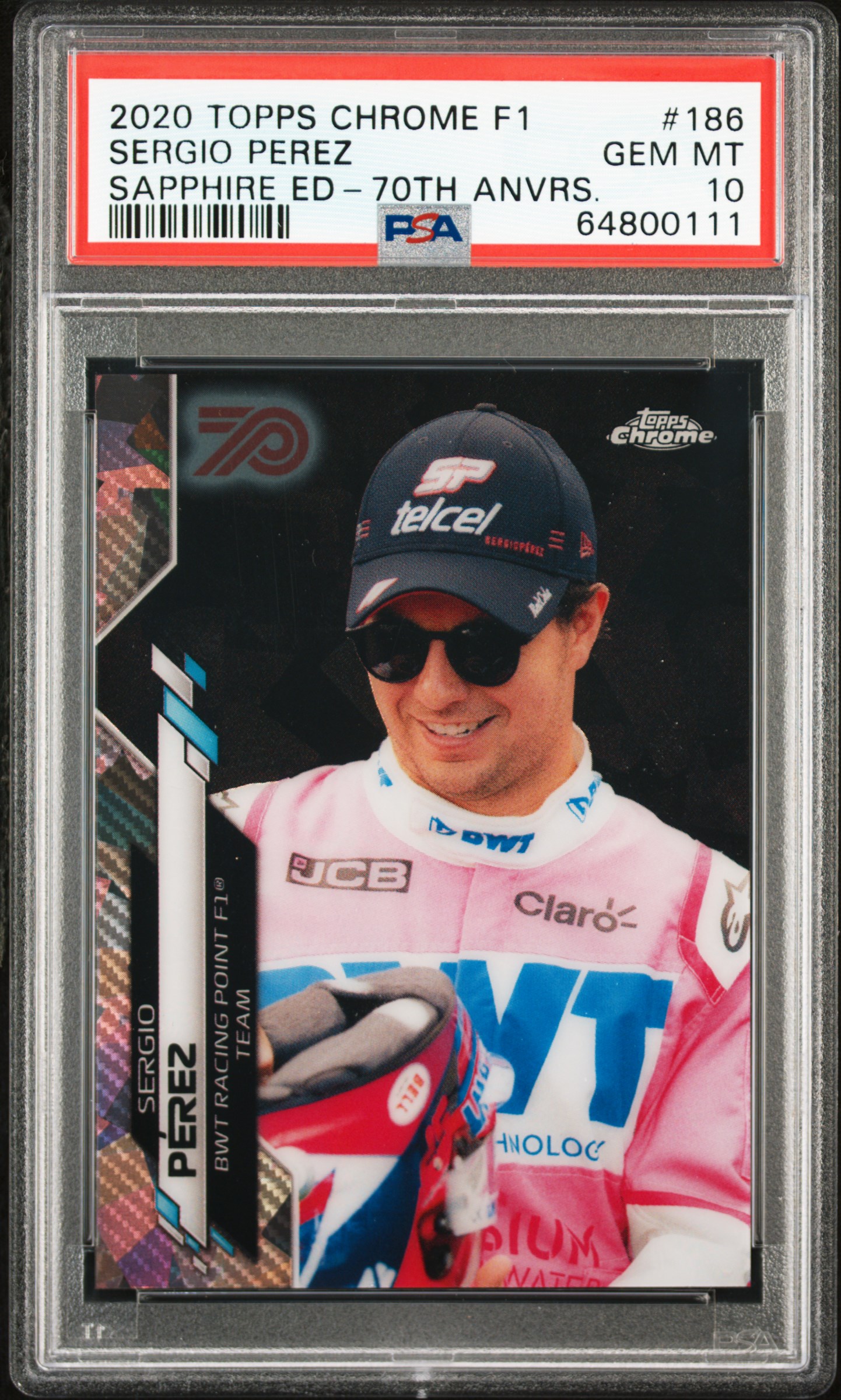 2020 Topps Chrome Formula 1 Sapphire Edition 186 Sergio Perez 70Th Anniversary PSA 10