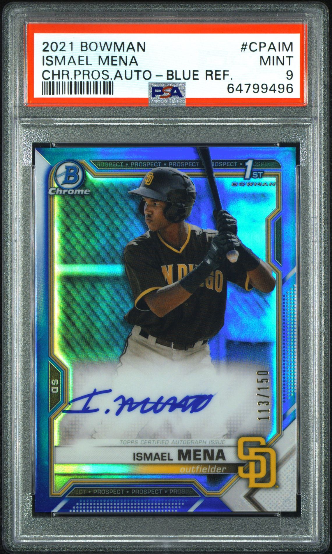 2021 Bowman BOWMAN CHROME PROSPECT AUTOGRAPHS CHR.PROS.AUTO-BLUE REF. #CPAIM Ismael Mena front