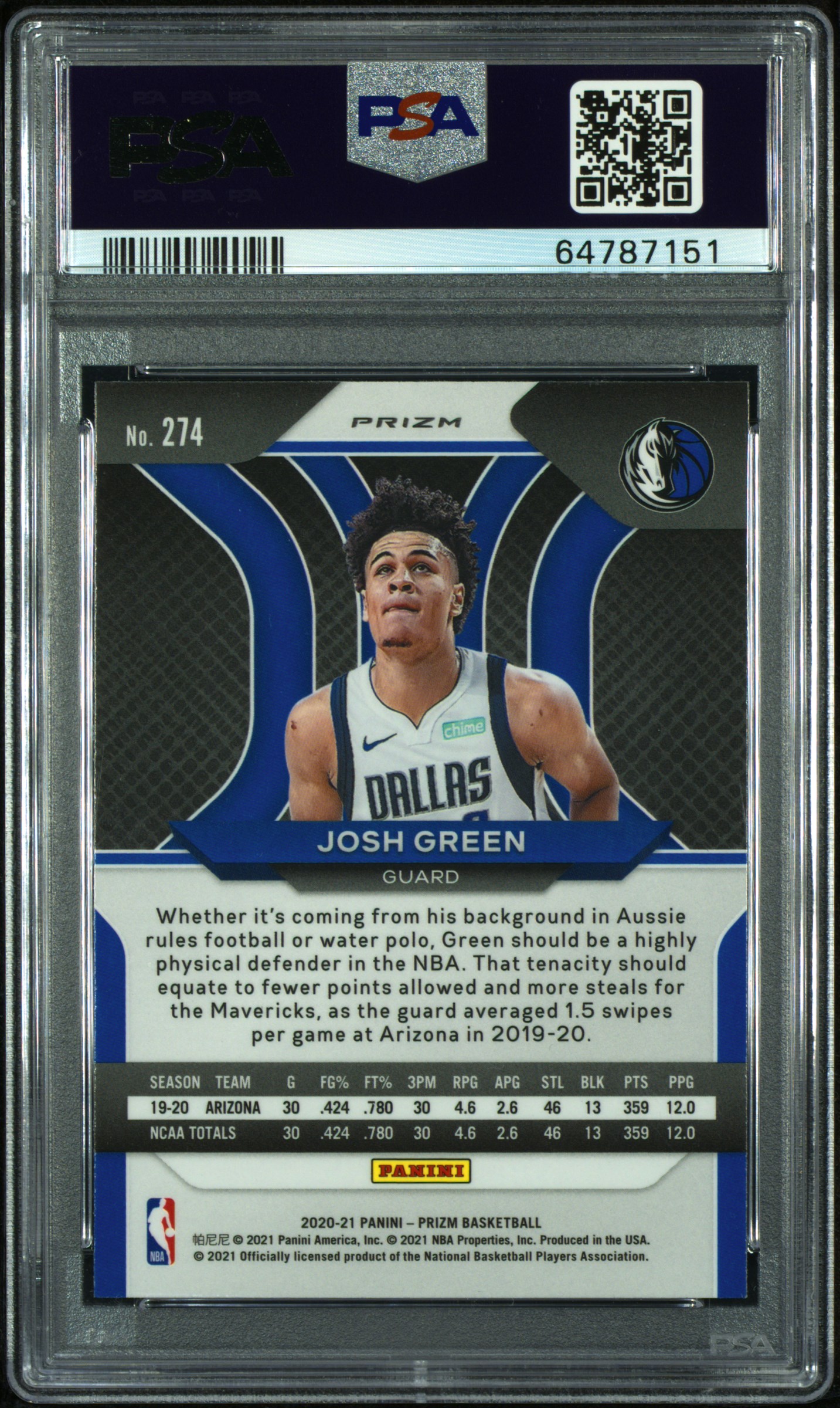 2020 Panini Prizm Josh Green #274 (Gold Wave Prizm) Gem Mt 10 back