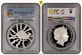 2002 $1 Kangaroo Ag-Aboriginal Design PR69DCAM